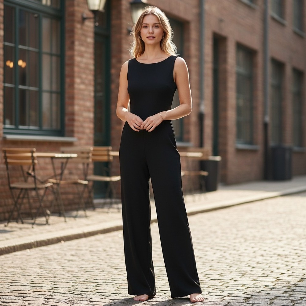 Lulus Jumpsuit Women S Black Ruffle V-Back Wide Leg Sleeveless Evening